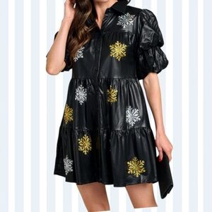 Black Puff Sleeve Dress with Floral Embroidery